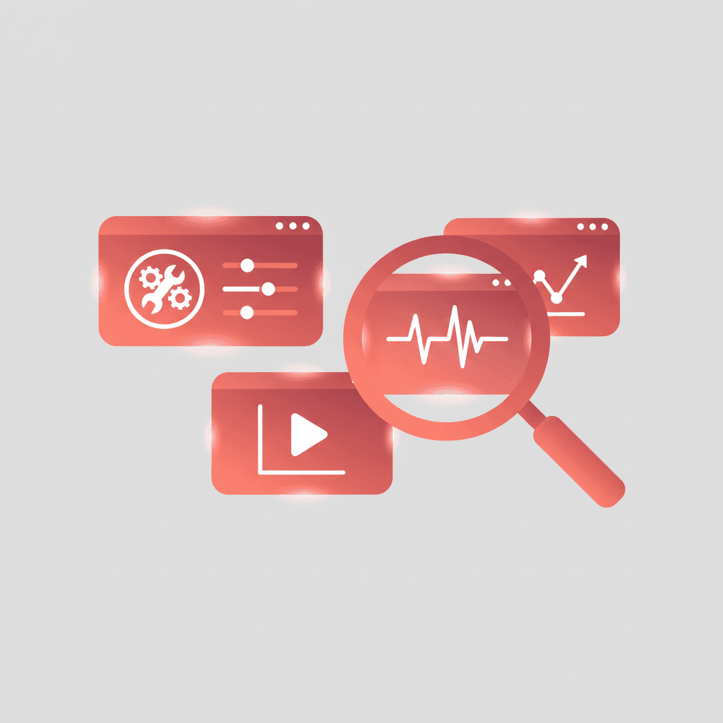 Collection of different tool interfaces on screens with a magnifying glass examining them