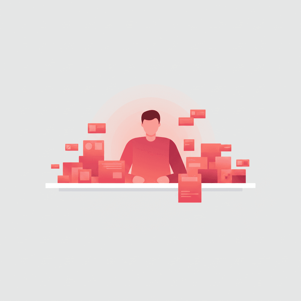 Person at a desk surrounded by organized stacks of content cards and documents in a warm productive atmosphere