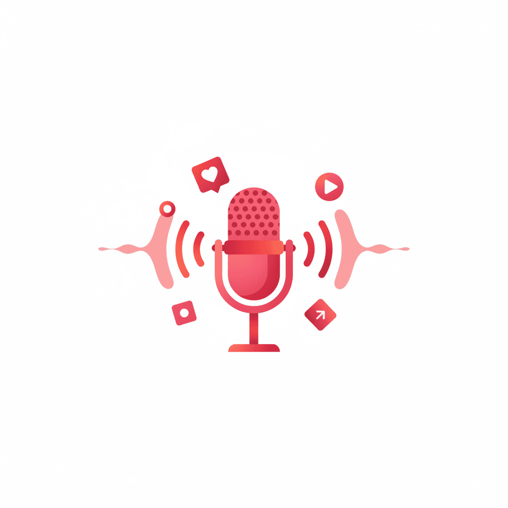 Microphone with arrows pointing to social media platform icons including X, LinkedIn, Instagram, and email
