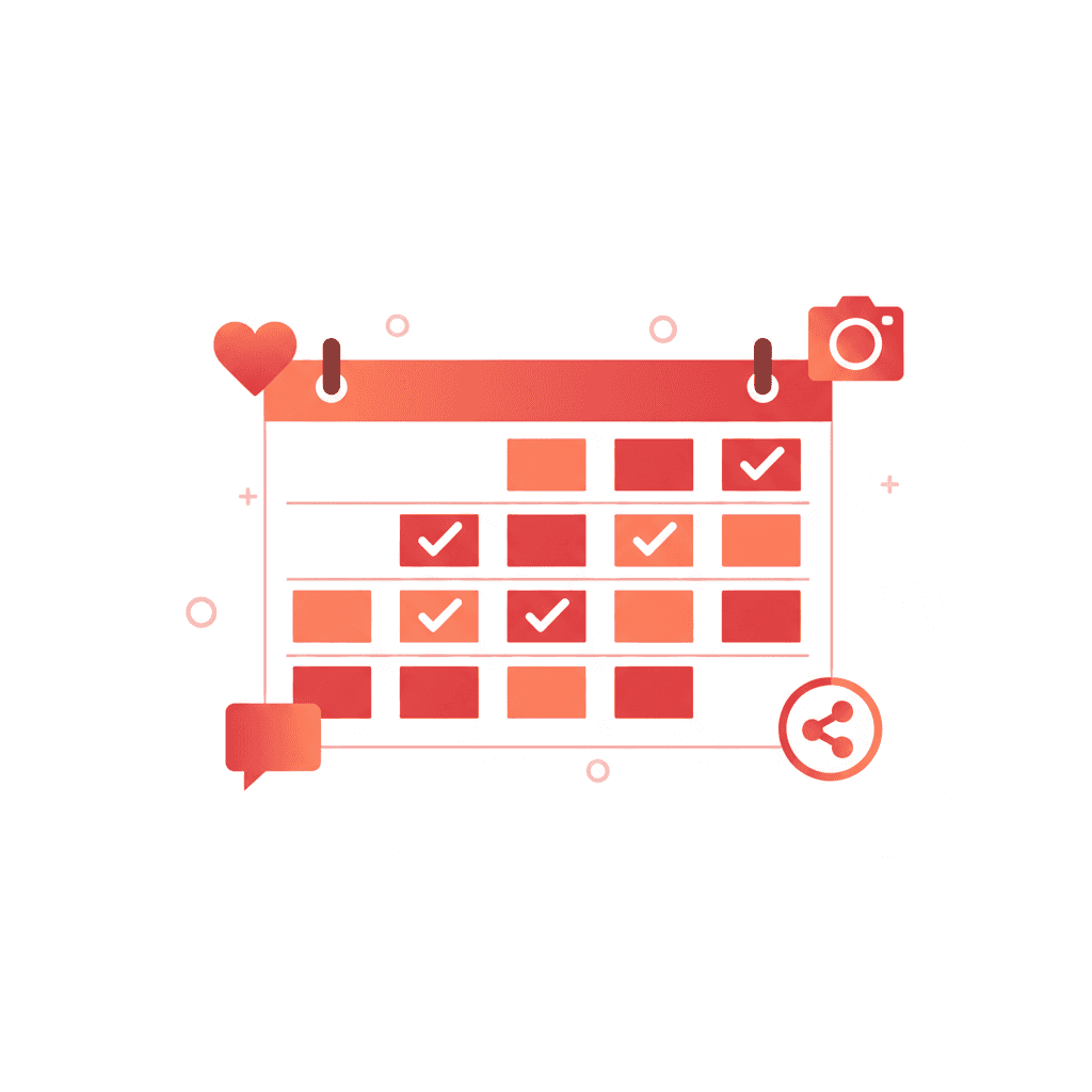 Calendar showing a consistent weekly social media posting schedule with checkmarks